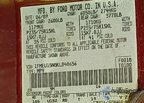 1989 Ford Bronco U100 из США, поврежденный, VIN 1FMEU15N8KLB48656